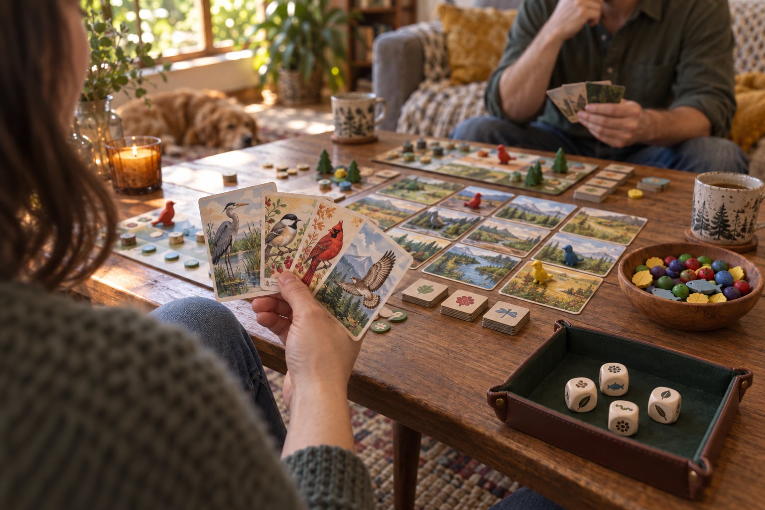A player holds painted bird cards beside food tokens and a dice tray.