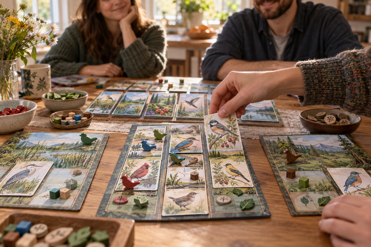 A player's hands slide a painted bird card into the crowded lane of an invented tabletop game.