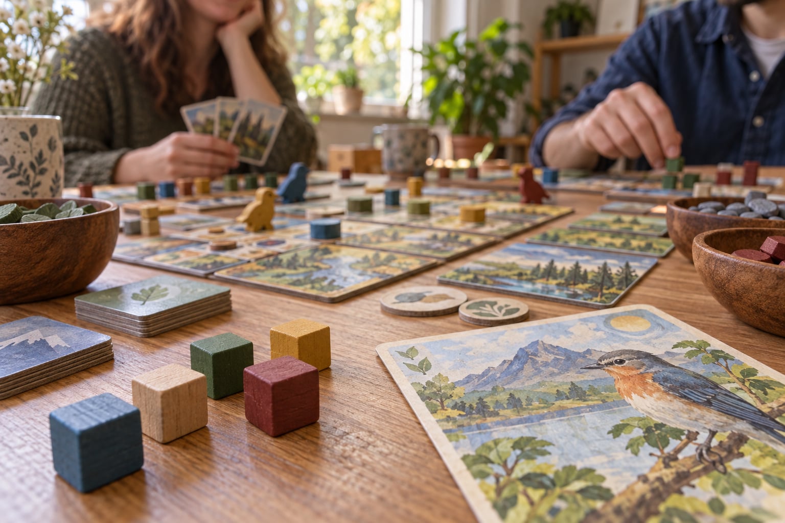 Five wooden action cubes rest beside a painted bird card and a nearly full nature-game tableau.